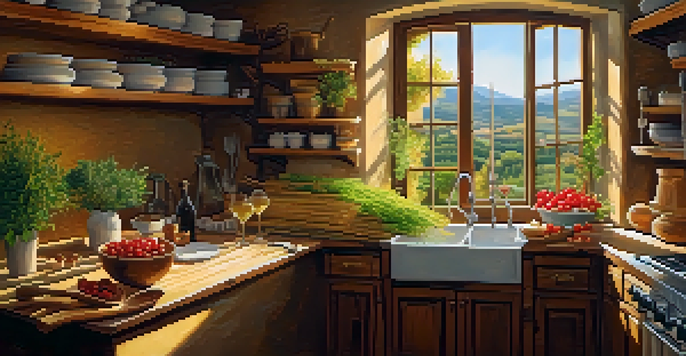 A rustic Tuscan kitchen with a person making pasta, surrounded by herbs and a glass of wine, illuminated by sunlight.