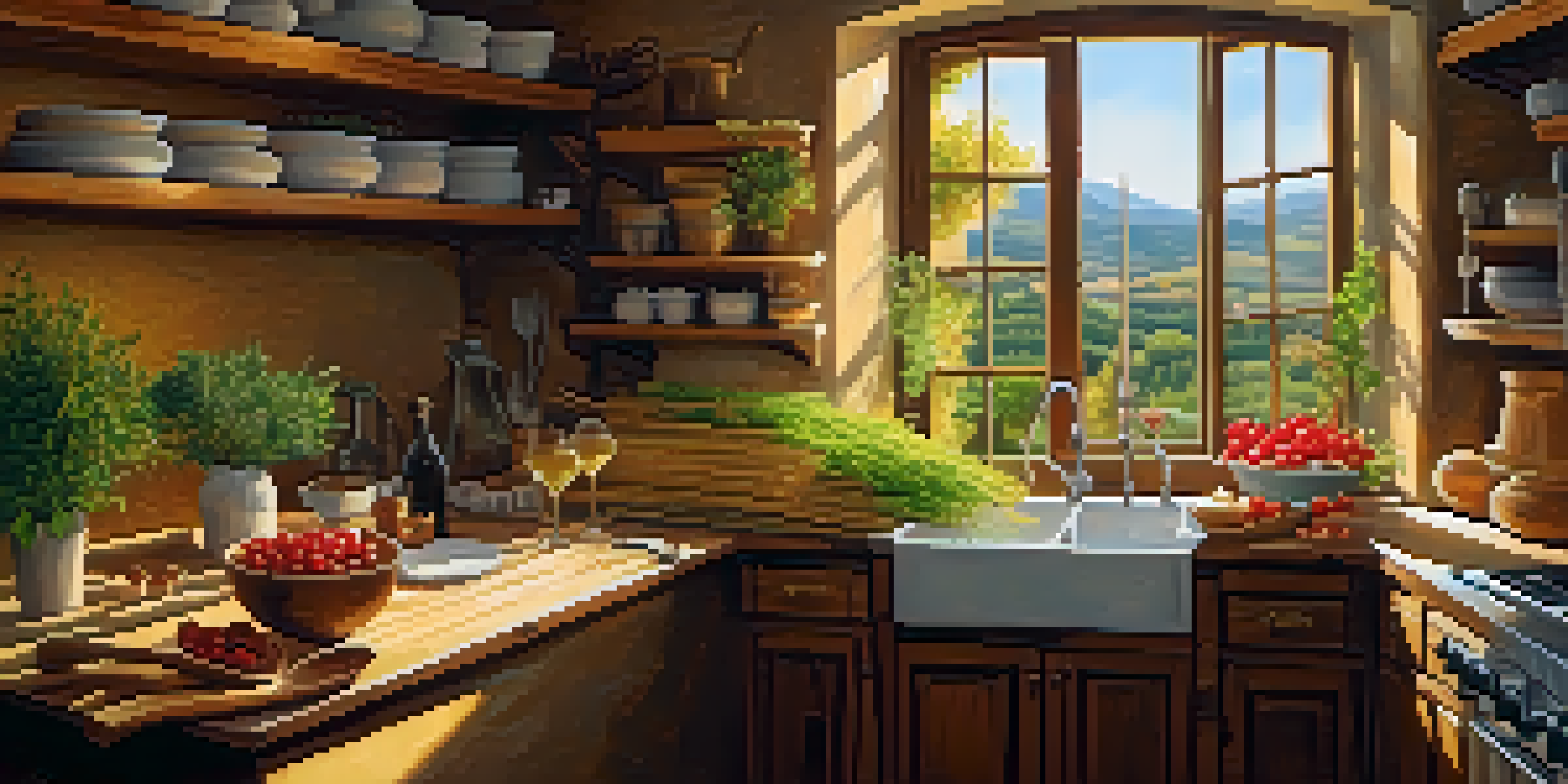 A rustic Tuscan kitchen with a person making pasta, surrounded by herbs and a glass of wine, illuminated by sunlight.