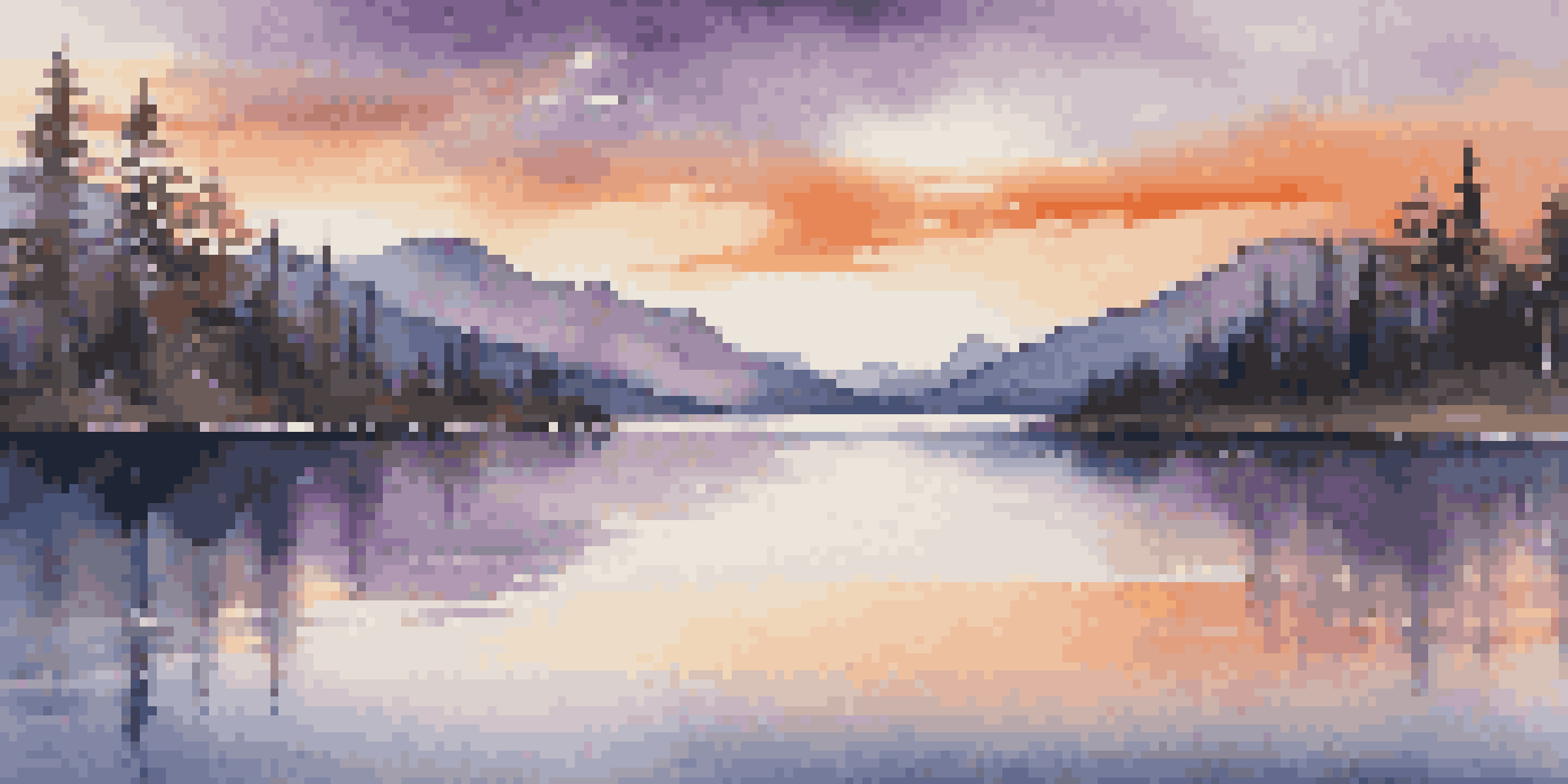 A serene lake bordered by majestic mountains at sunset, with vibrant colors reflected in the water.