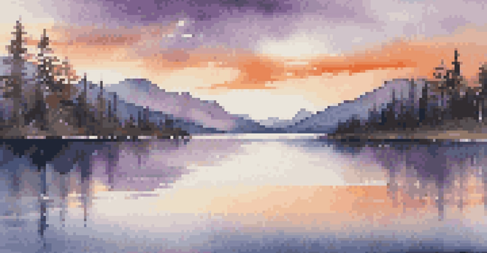 A serene lake bordered by majestic mountains at sunset, with vibrant colors reflected in the water.