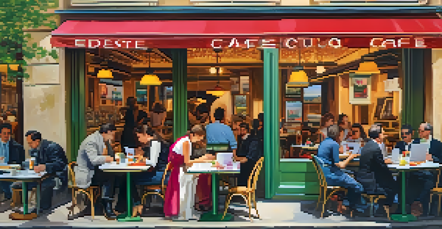 A lively Parisian café filled with people working on laptops and vibrant pastries on display.