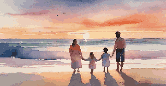 A joyful family of four on a beach at sunset, with parents holding hands with their children, all smiling and looking towards the ocean.