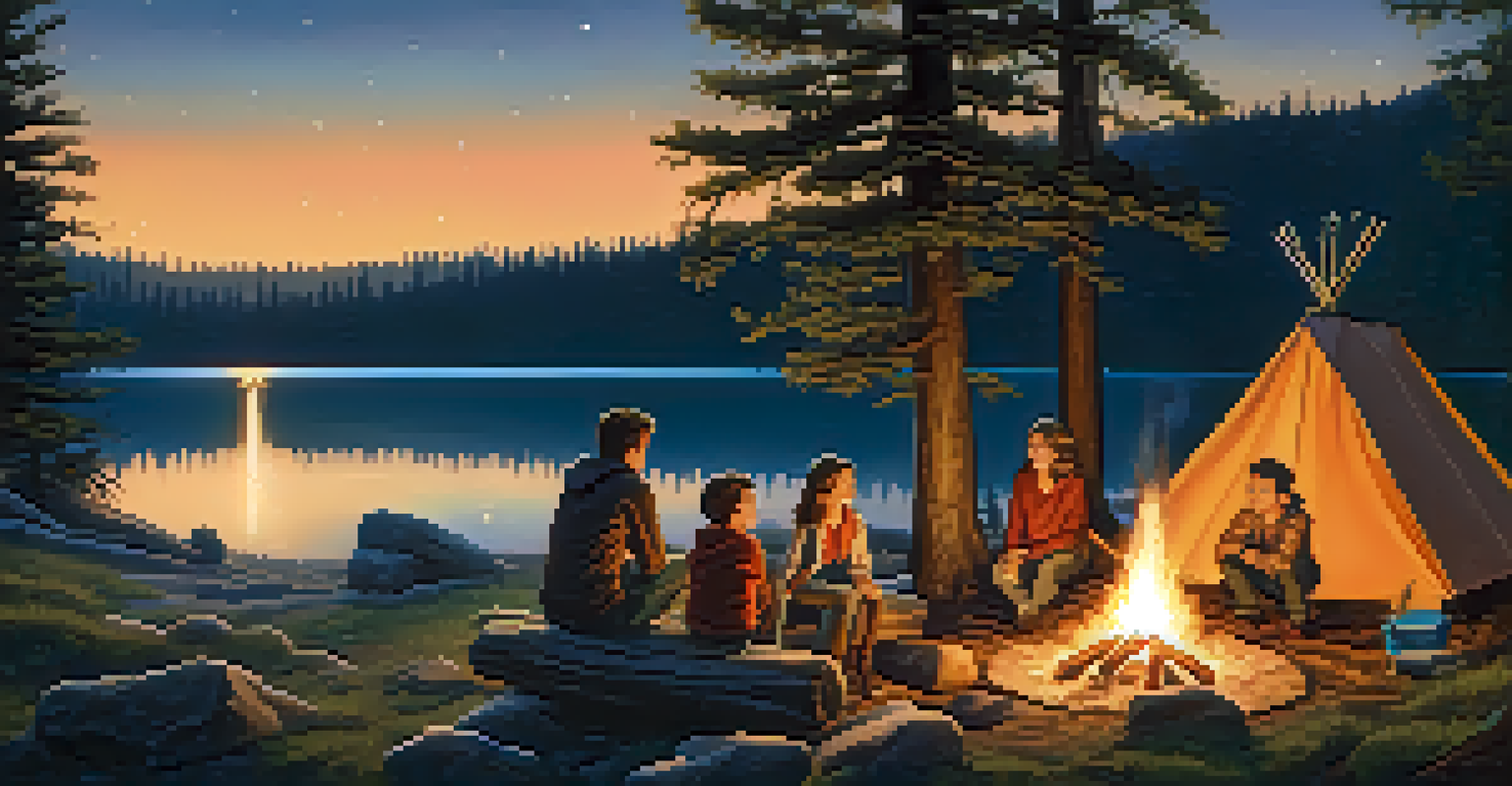 A family around a campfire at night, roasting marshmallows with a tent in the background under a starry sky.