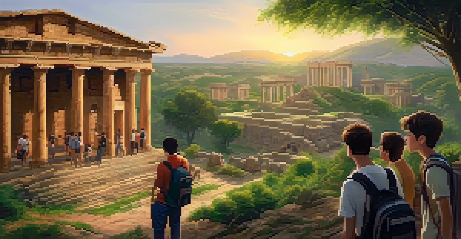 Students exploring the ruins of an ancient city with a local guide, surrounded by lush greenery and a sunset in the background.
