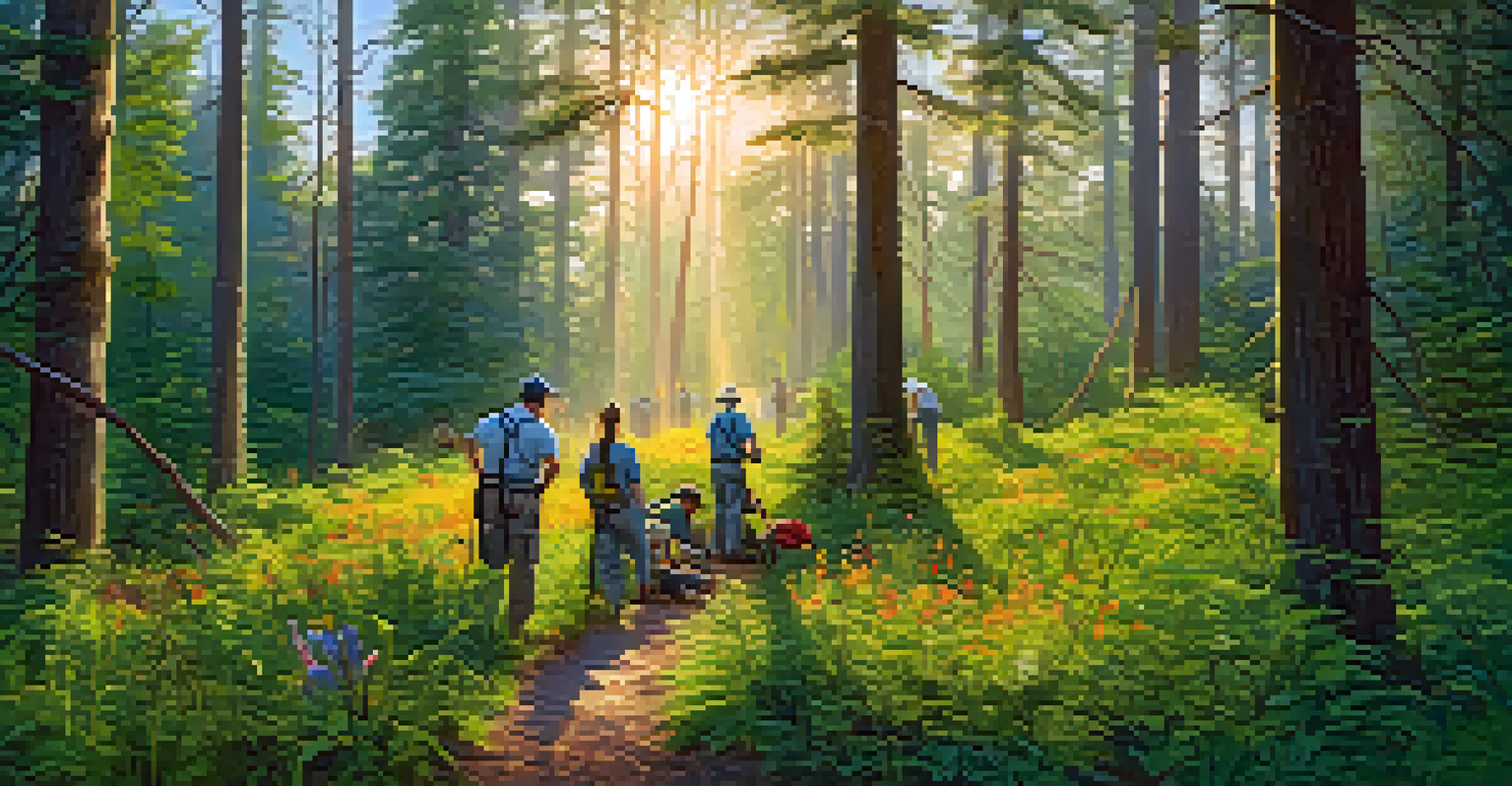 Volunteers maintaining a trail in a lush national park during golden hour, surrounded by trees and wildflowers.