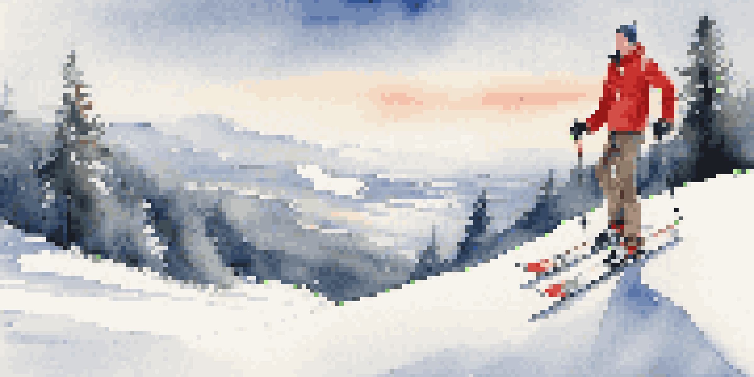 A skier in a balanced stance on a snowy slope, surrounded by pine trees and soft sunlight.