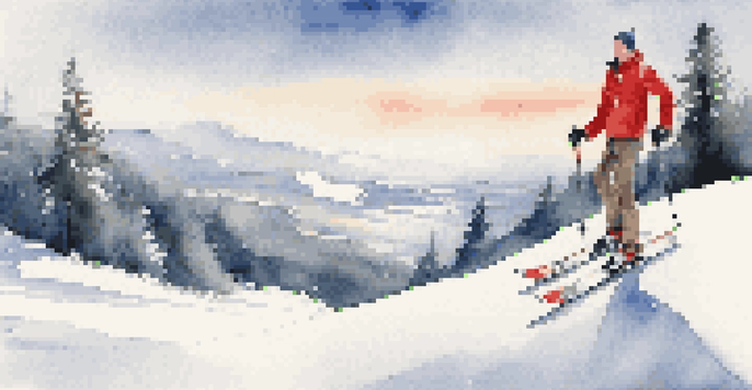 A skier in a balanced stance on a snowy slope, surrounded by pine trees and soft sunlight.