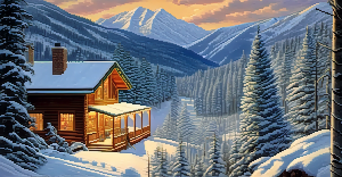 A scenic winter landscape in Aspen, Colorado, featuring skiers on snowy slopes with a beautiful sunset and cozy lodges.