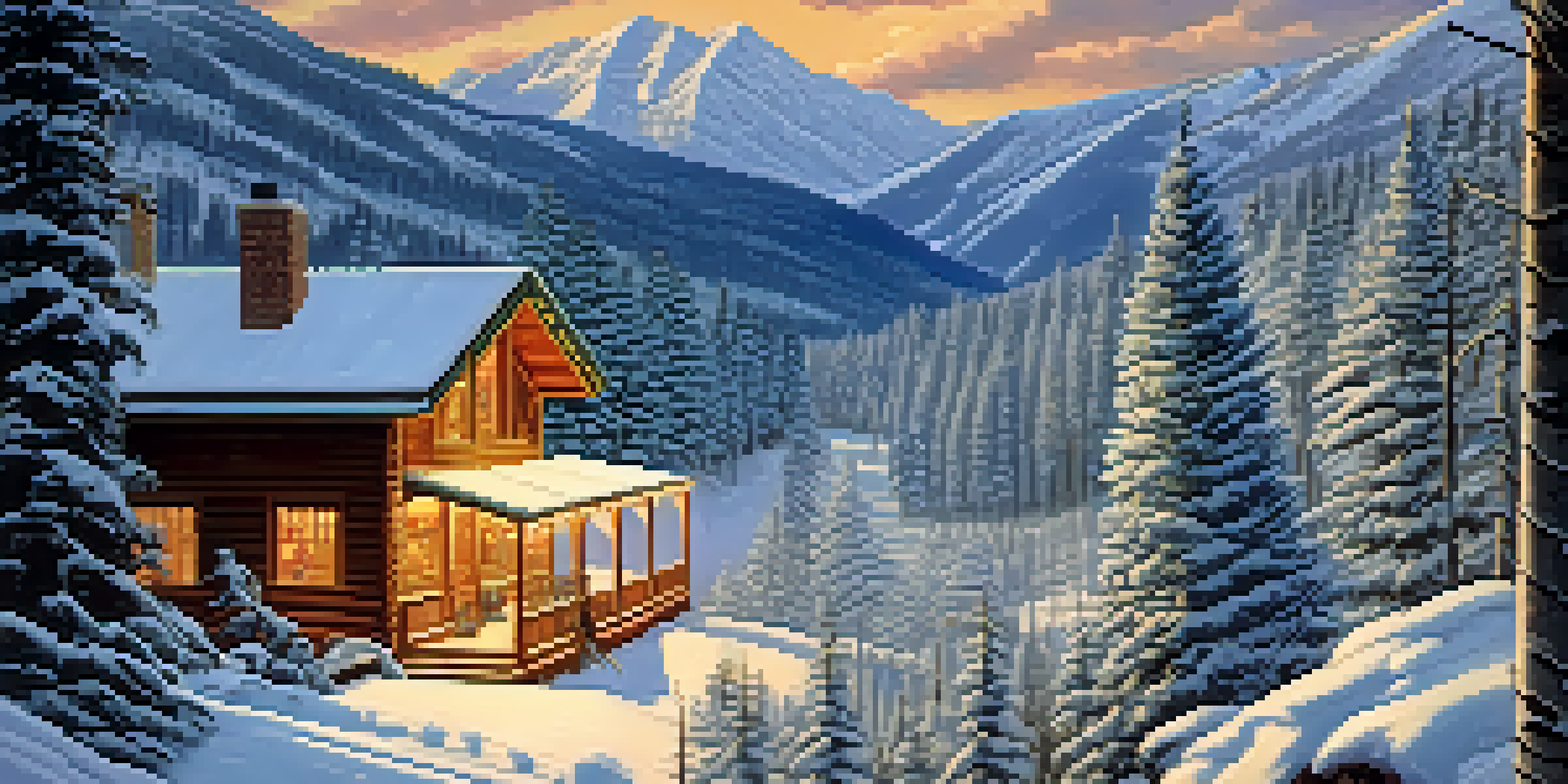 A scenic winter landscape in Aspen, Colorado, featuring skiers on snowy slopes with a beautiful sunset and cozy lodges.