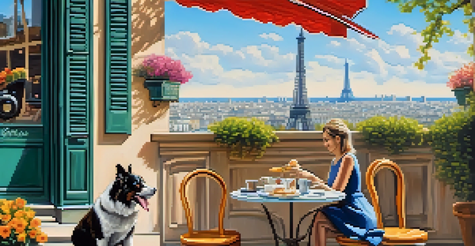 A small outdoor café in Paris with a dog resting at the owner's feet and the Eiffel Tower in the background.