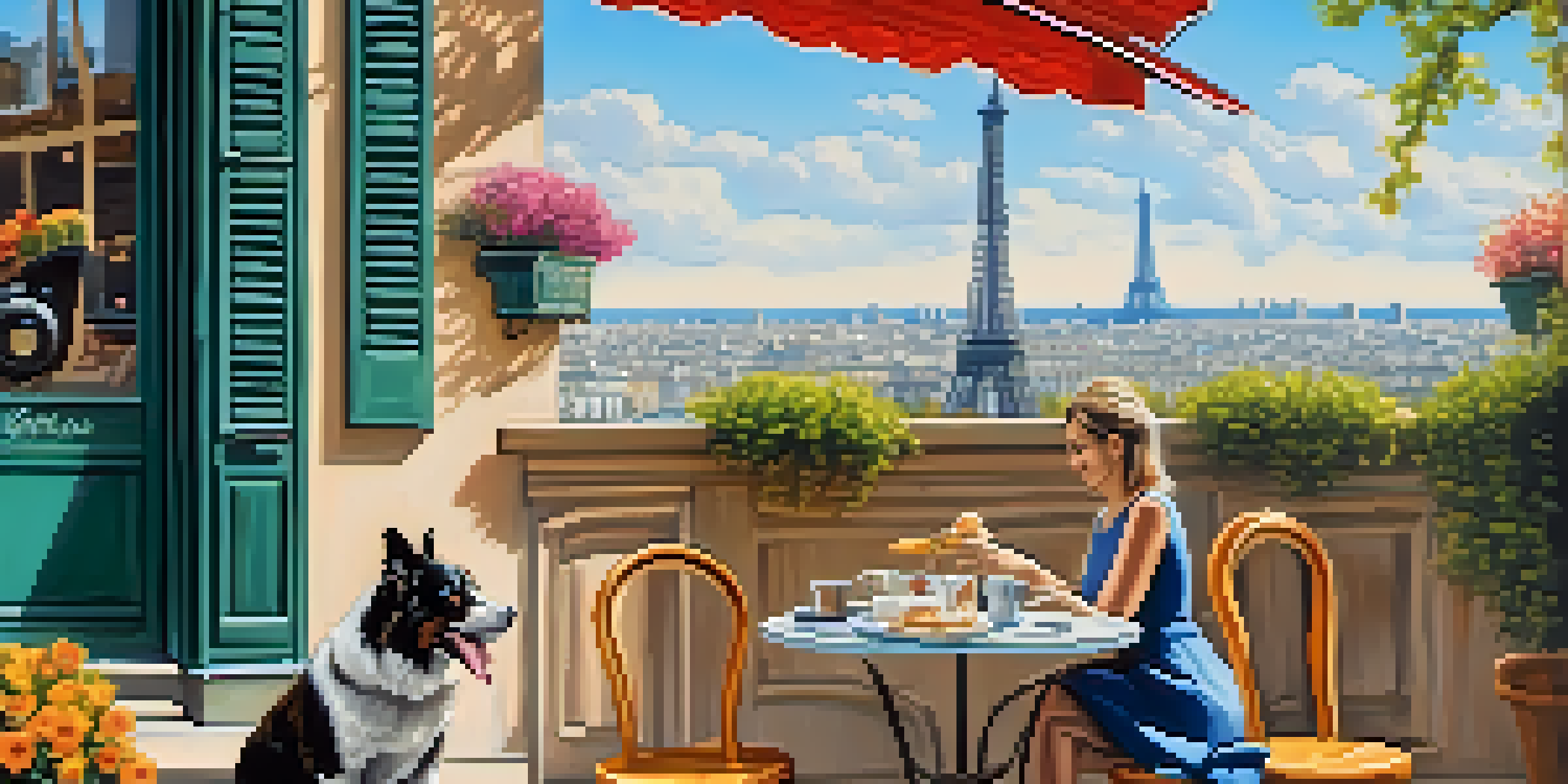 A small outdoor café in Paris with a dog resting at the owner's feet and the Eiffel Tower in the background.