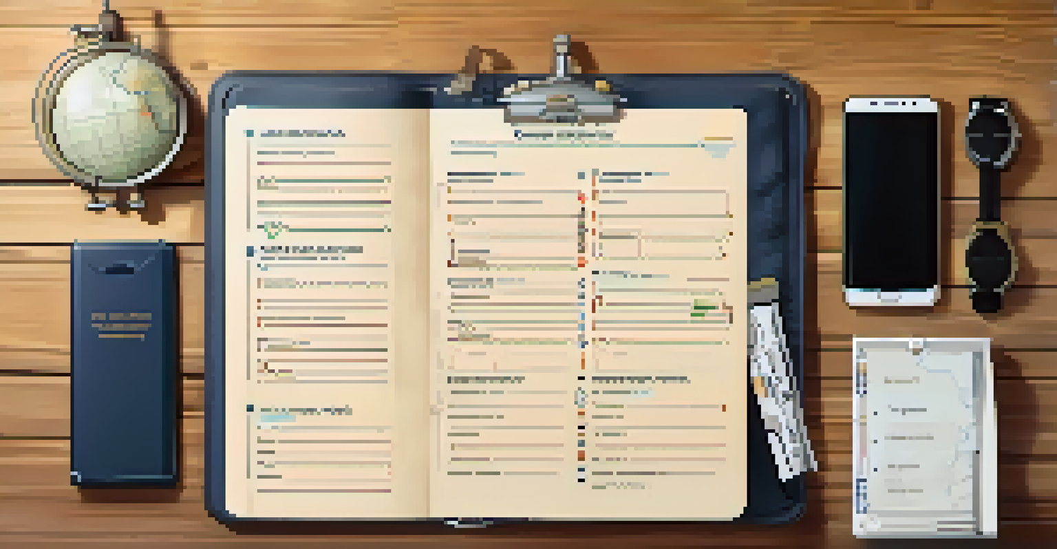 An organized travel checklist with a passport, map, and smartphone on a table.