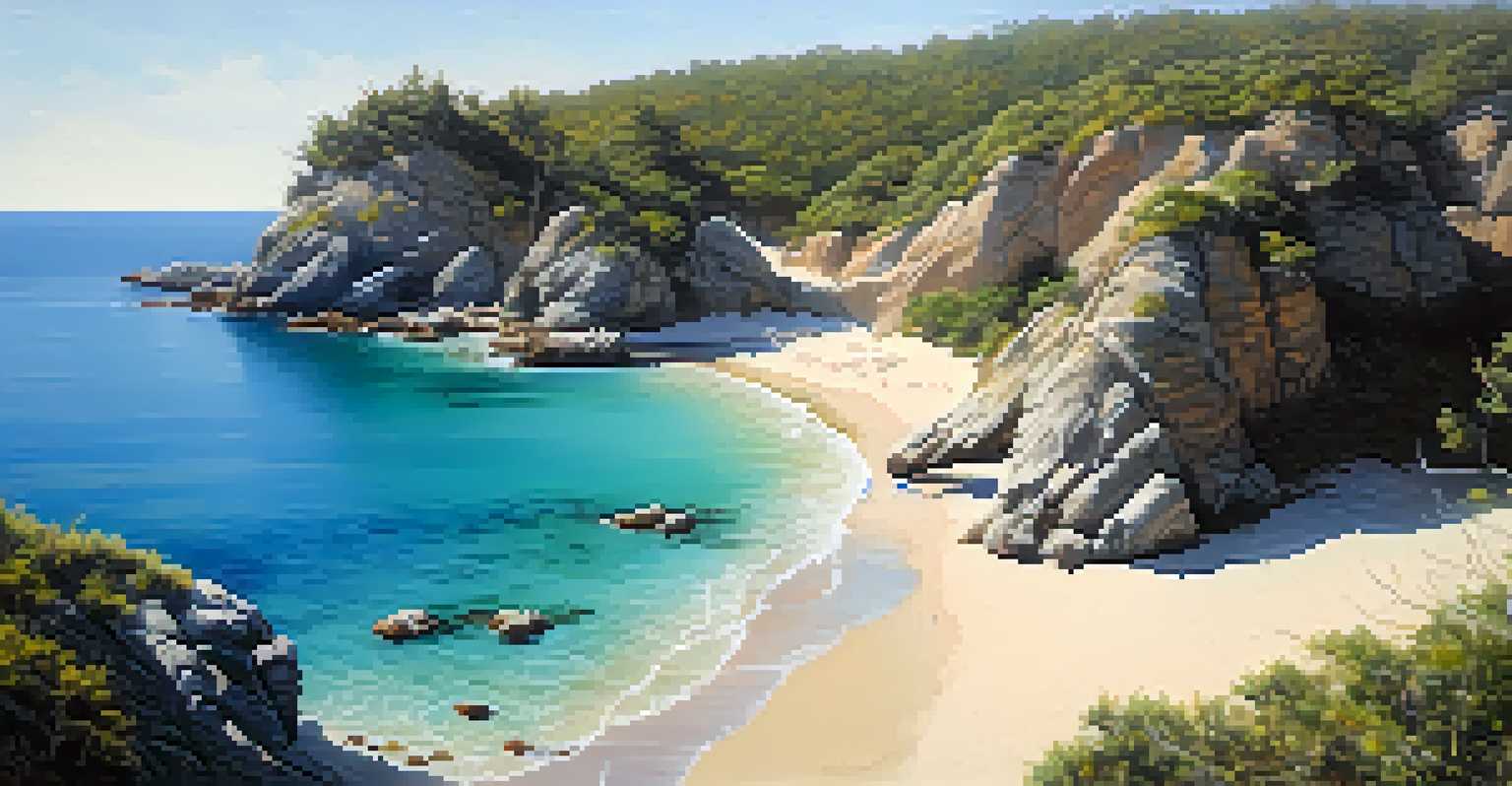 An aerial view of a secret beach with white sand, blue waters, and rocky cliffs surrounding it.
