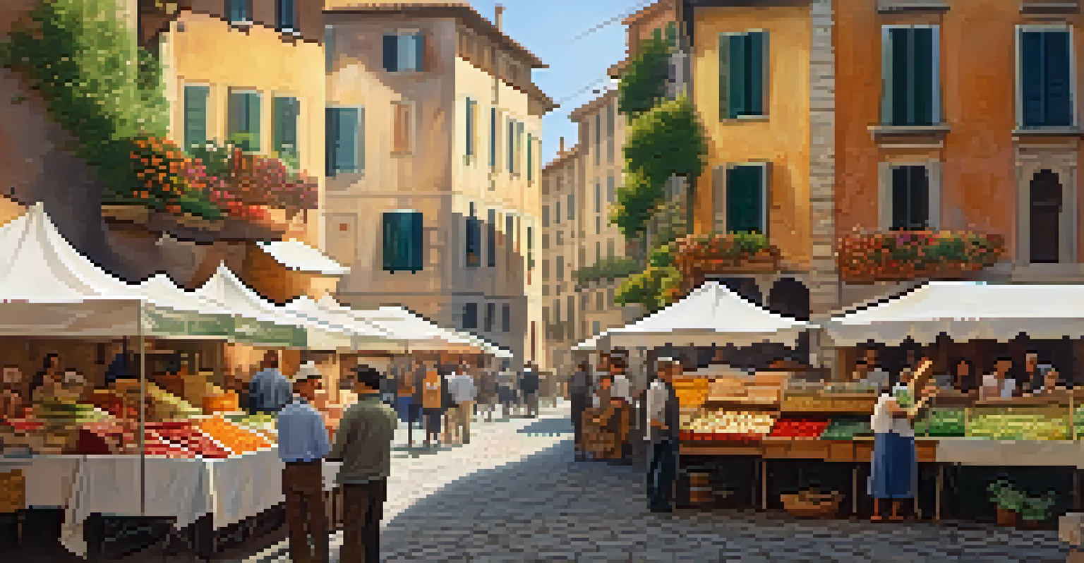 A lively Italian street market filled with colorful stalls and locals conversing.