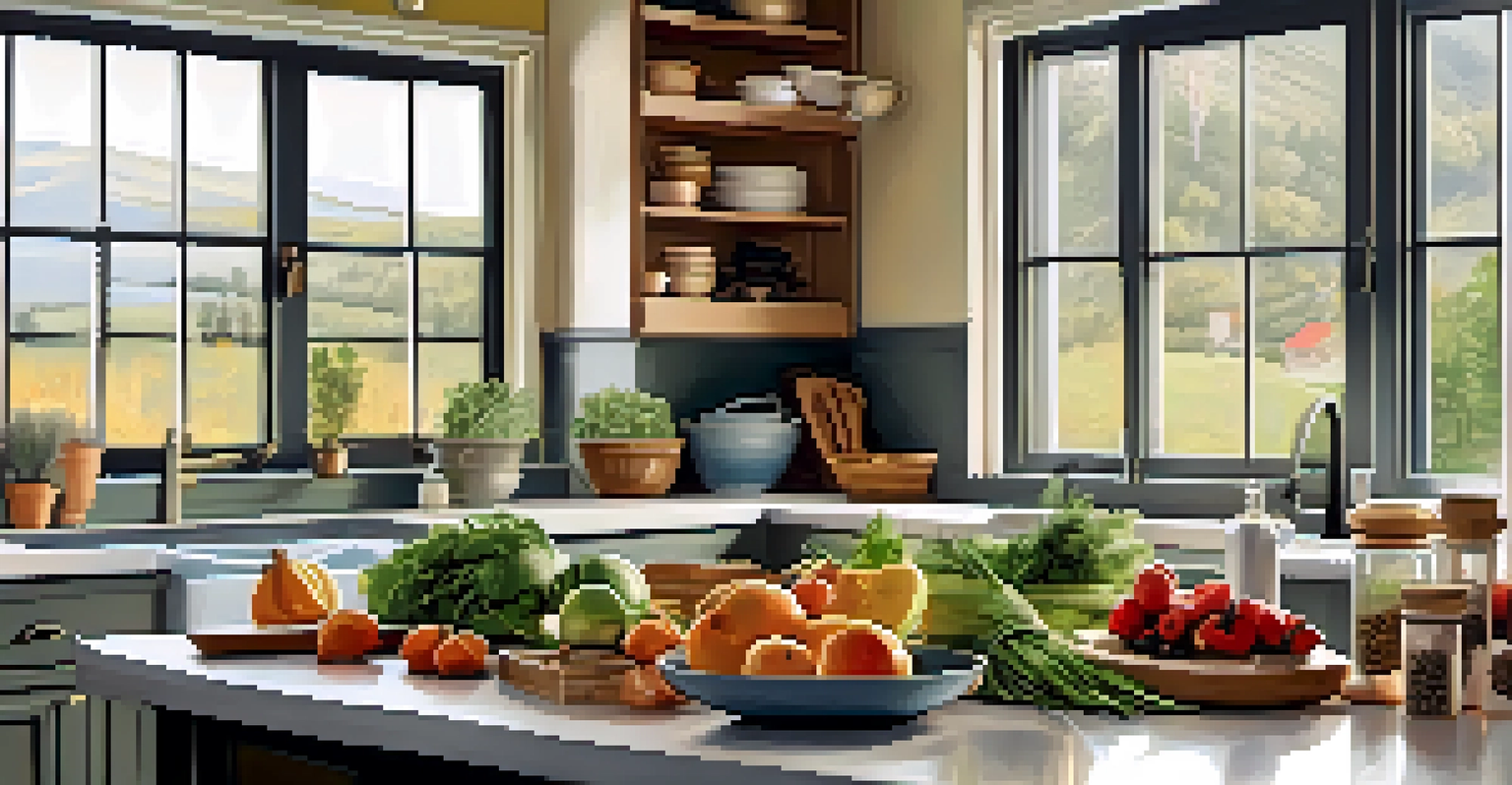 A bright kitchen with fresh local ingredients and a view of the landscape outside.
