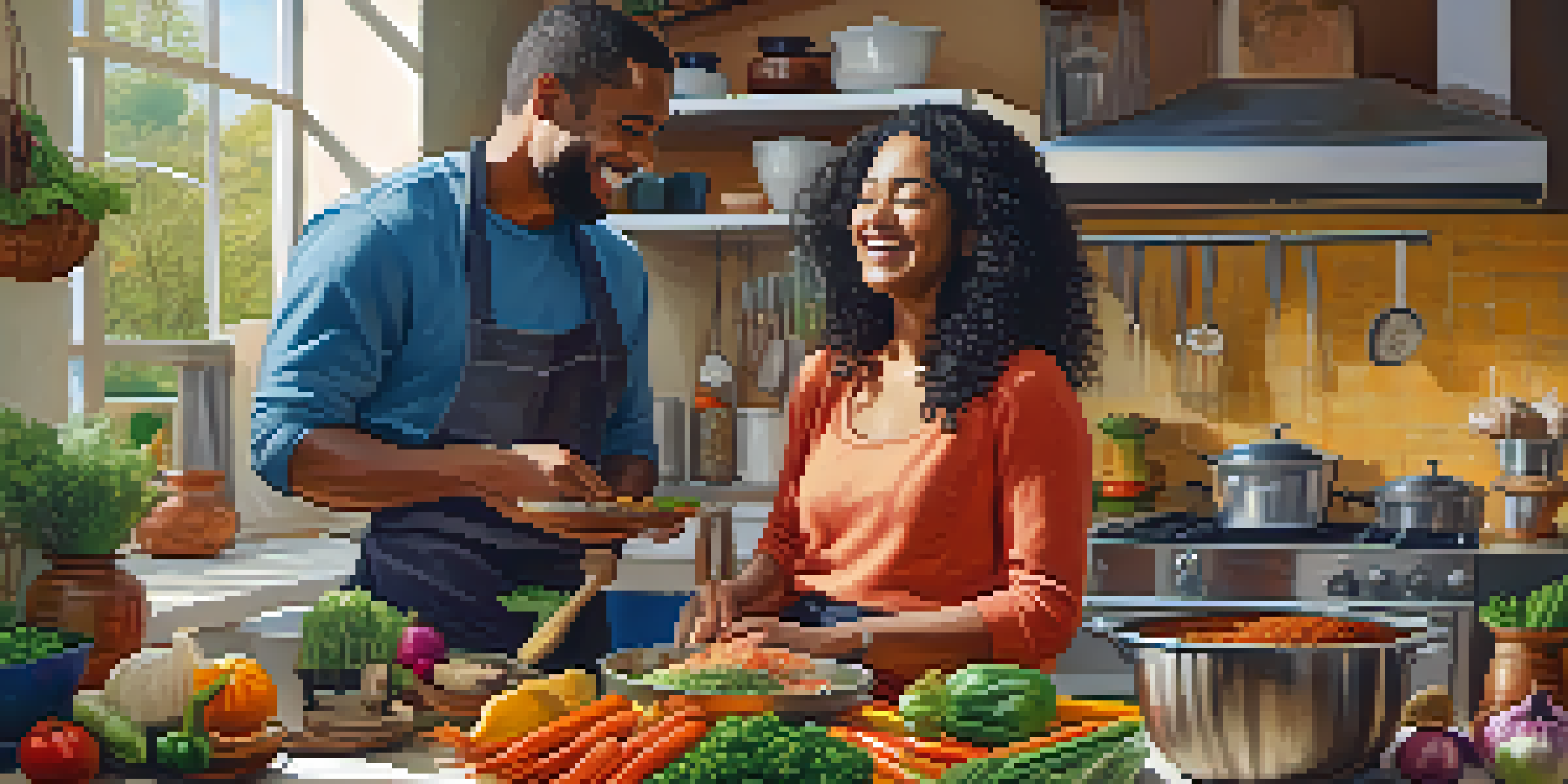 A diverse couple joyfully cooking together in a cozy kitchen, with colorful ingredients around them, representing their cultural backgrounds.