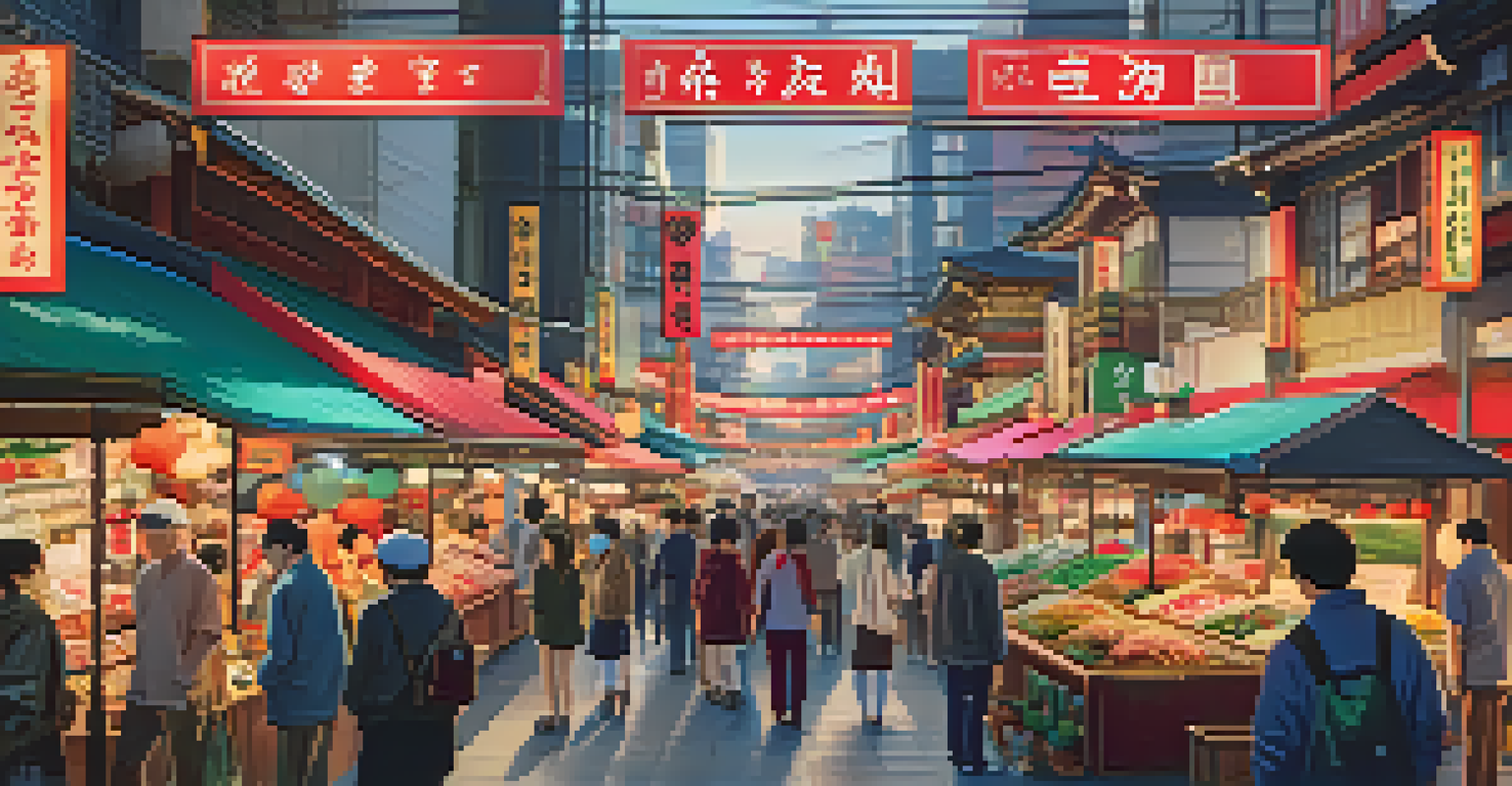 A lively virtual reality scene of a Tokyo market with vibrant stalls and people exploring traditional Japanese foods and crafts.