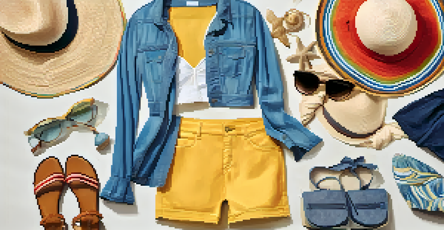 A colorful assortment of clothing on a bed, including beachwear, evening attire, and swimwear, alongside travel accessories like a sun hat and sunscreen.