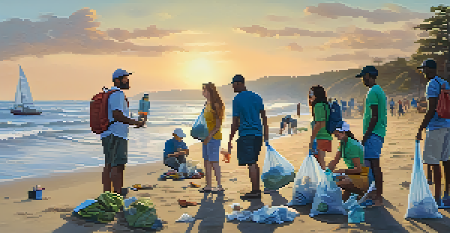 A diverse group of travelers participating in a beach clean-up, collecting trash with the ocean in the background.