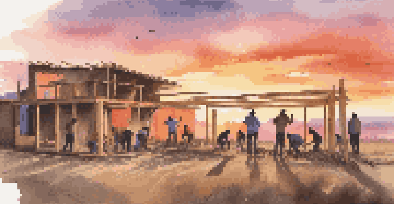 Volunteers working on a home construction project at sunset, with silhouettes against a colorful sky.