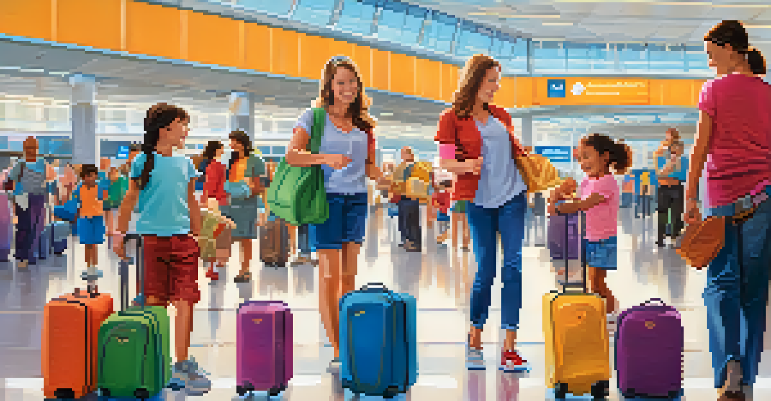 A parent demonstrating packing cubes to children in an airport setting, with a busy terminal in the background.