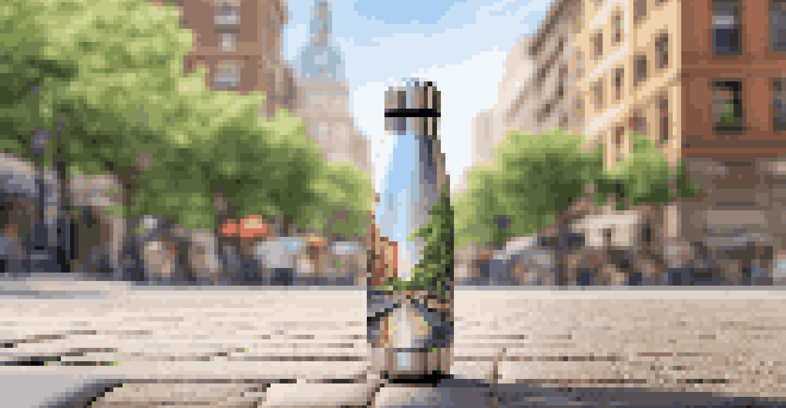 A stainless steel reusable water bottle next to a public water fountain on a cobblestone street, with a lively city scene in the background.