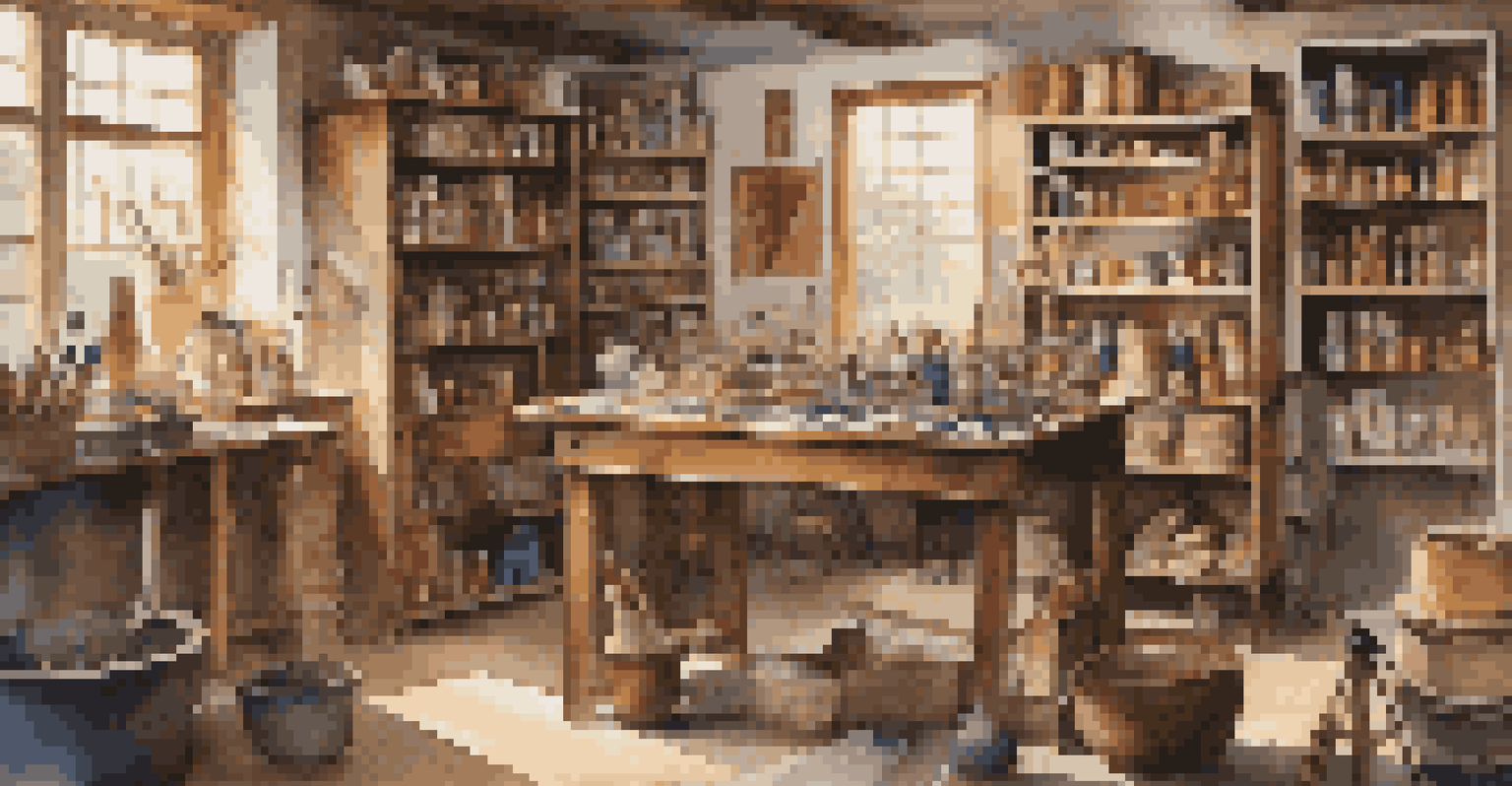 An artist's studio featuring a canvas that combines traditional and modern artistic techniques, surrounded by art supplies and cultural artifacts.