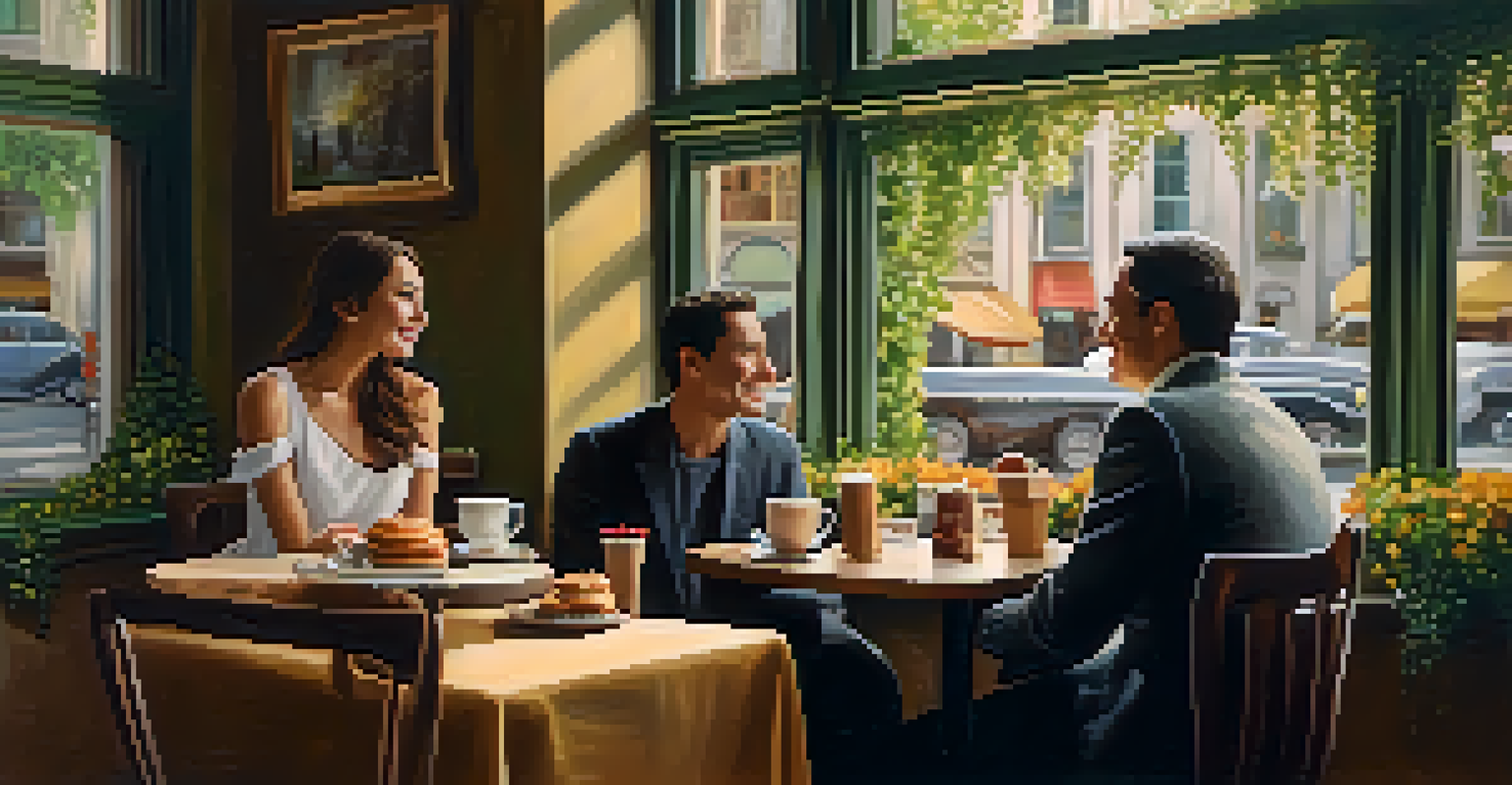 A couple sitting in a cozy café, enjoying coffee and pastries while engaged in conversation.