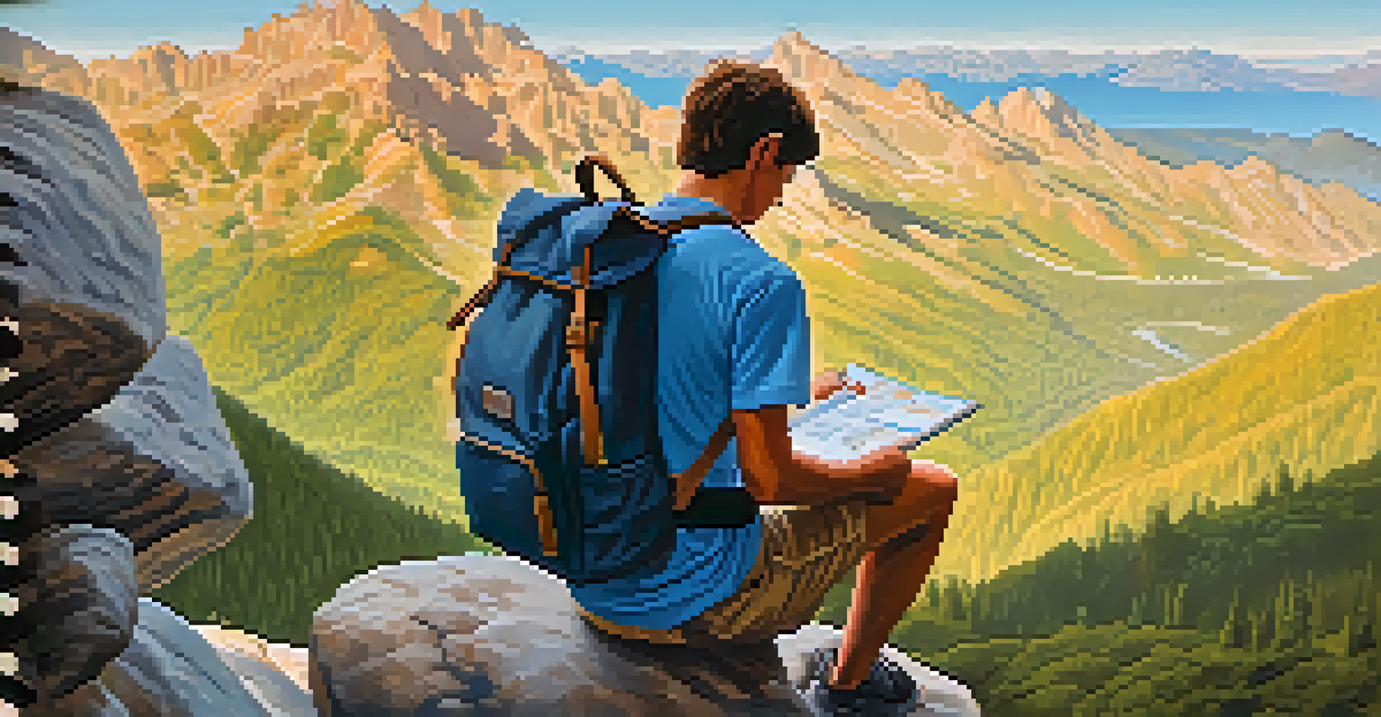 A traveler on a rocky overlook, reading a vaccination brochure with mountains in the background.