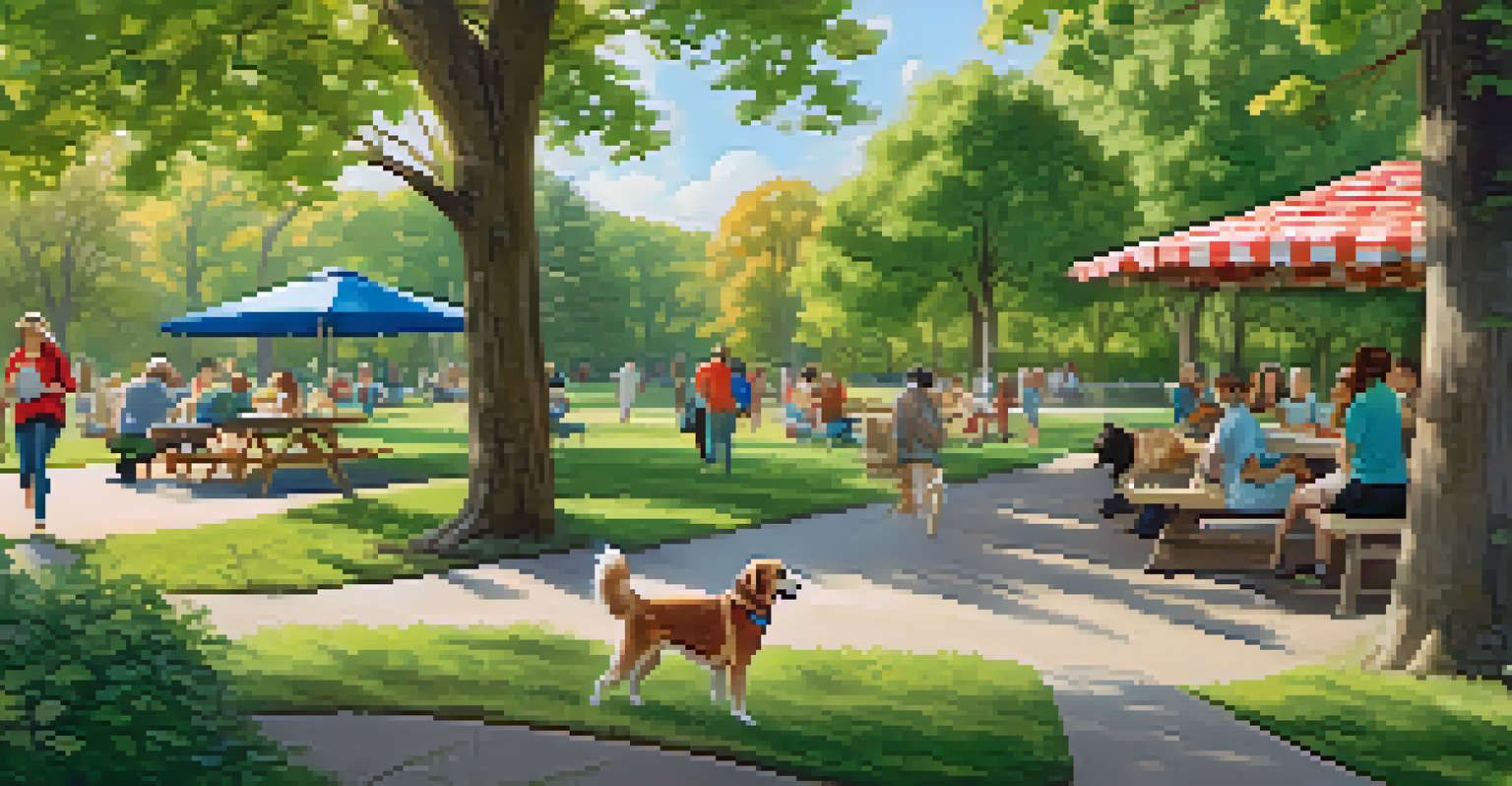 A dog running happily in a green park at a rest stop, with a picnic blanket and basket in the foreground, surrounded by trees and other pet owners.