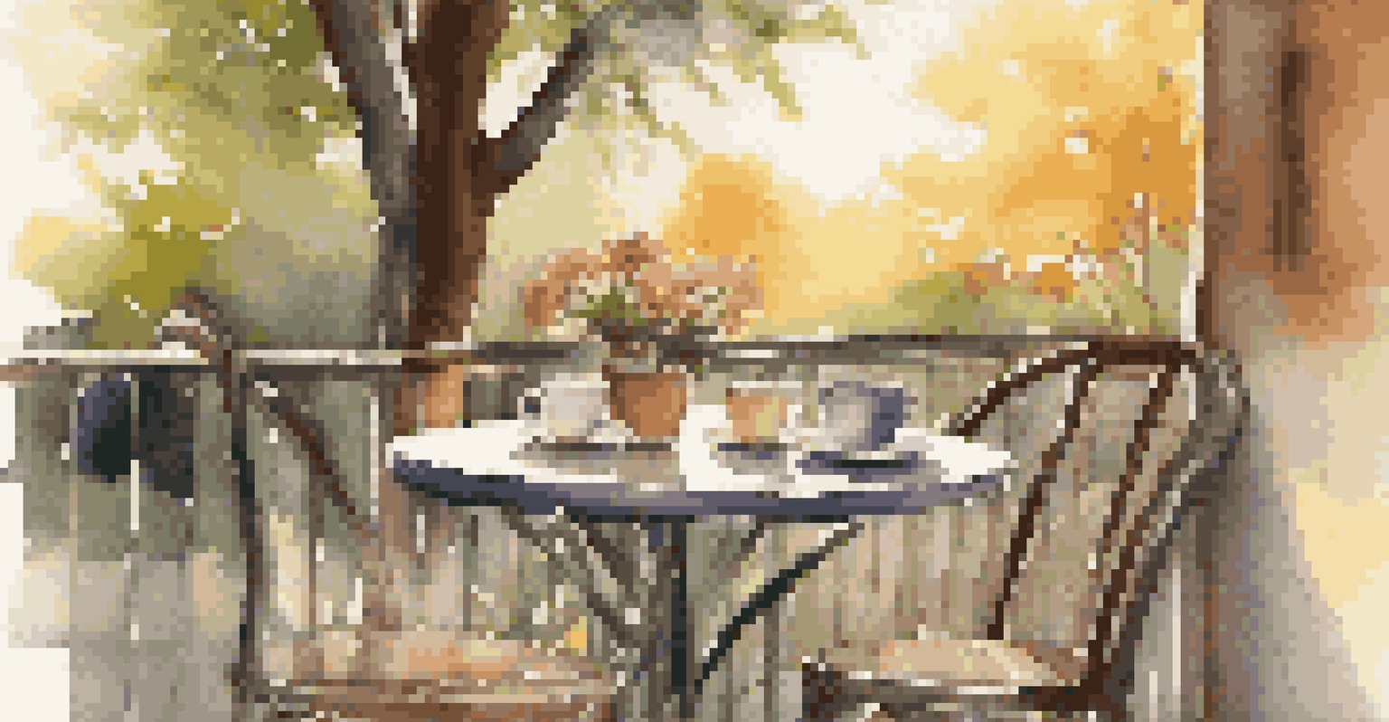 An outdoor cafe table with coffee cups and a notepad, surrounded by flowers and soft sunlight.