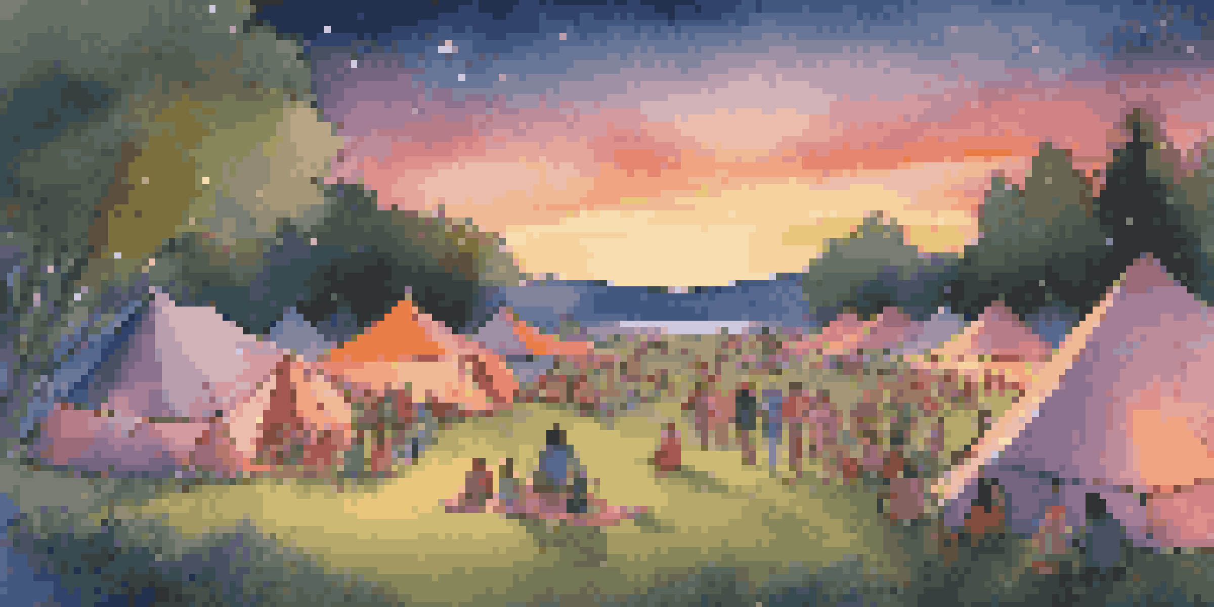 A lively festival campsite with colorful tents and fairy lights at dusk, showcasing people enjoying the atmosphere under a vibrant sky.