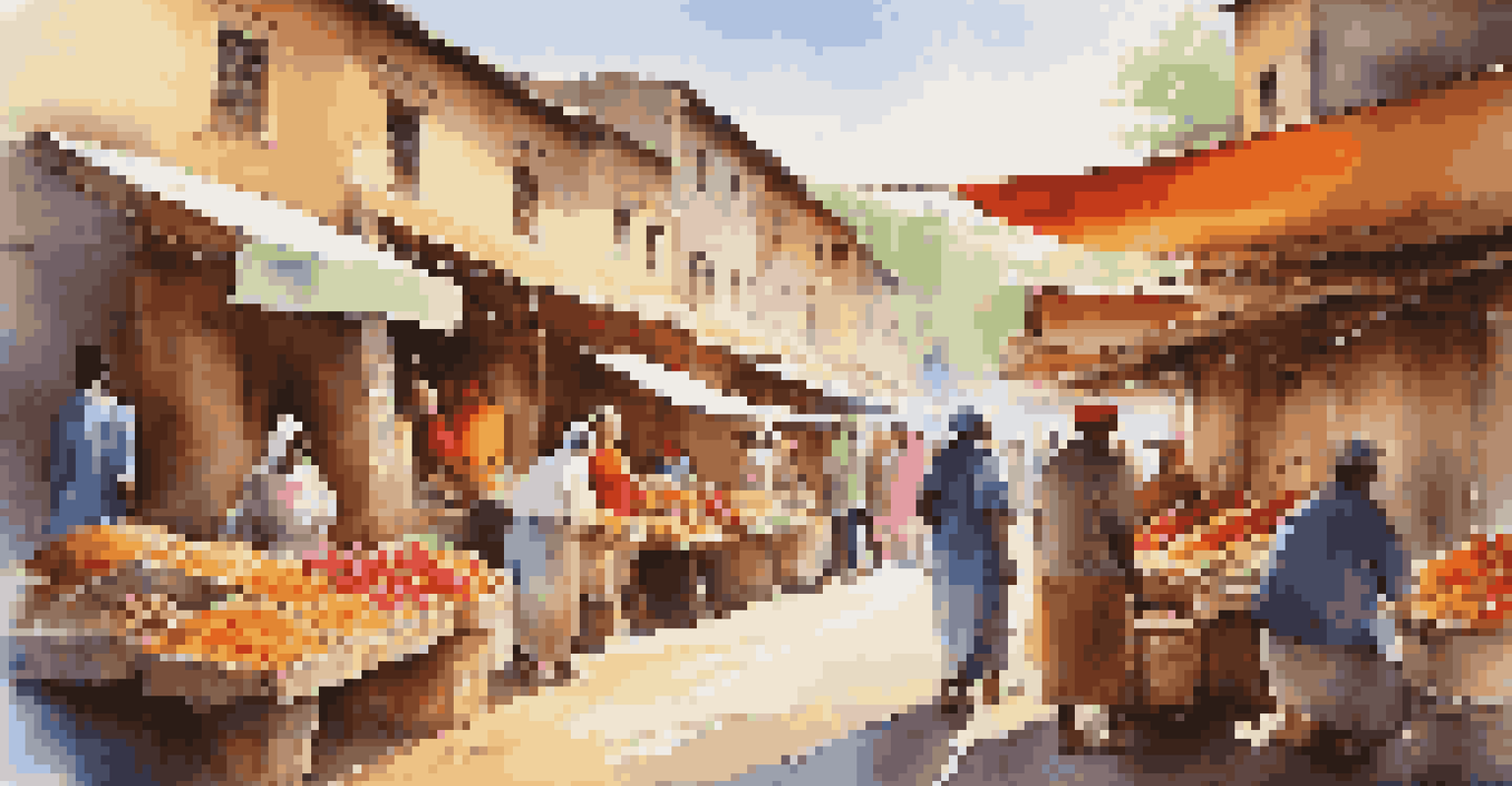 A lively marketplace in a local village with colorful stalls and local artisans engaging with travelers.