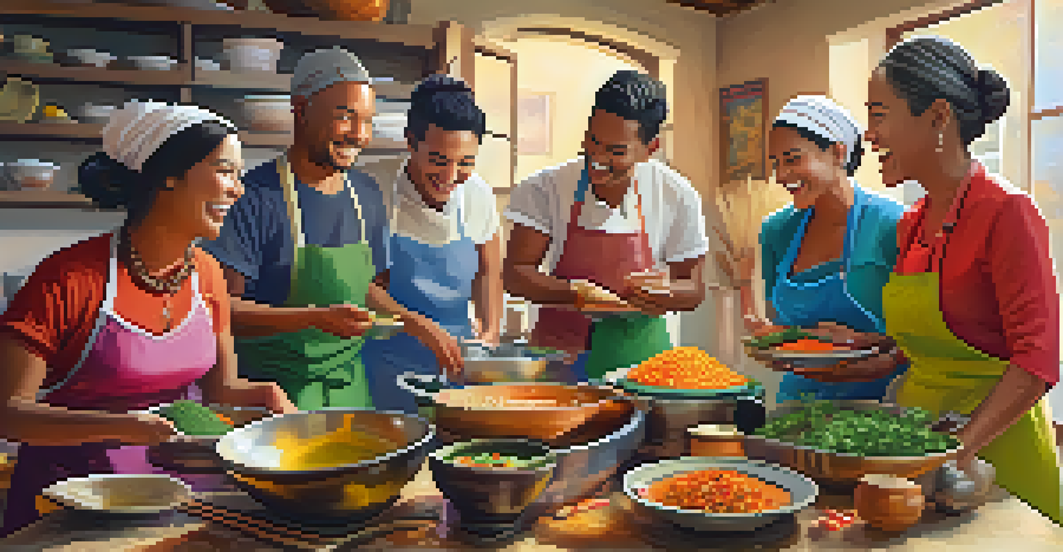 A group of travelers in a cooking class, enjoying the experience with a local chef and colorful ingredients.