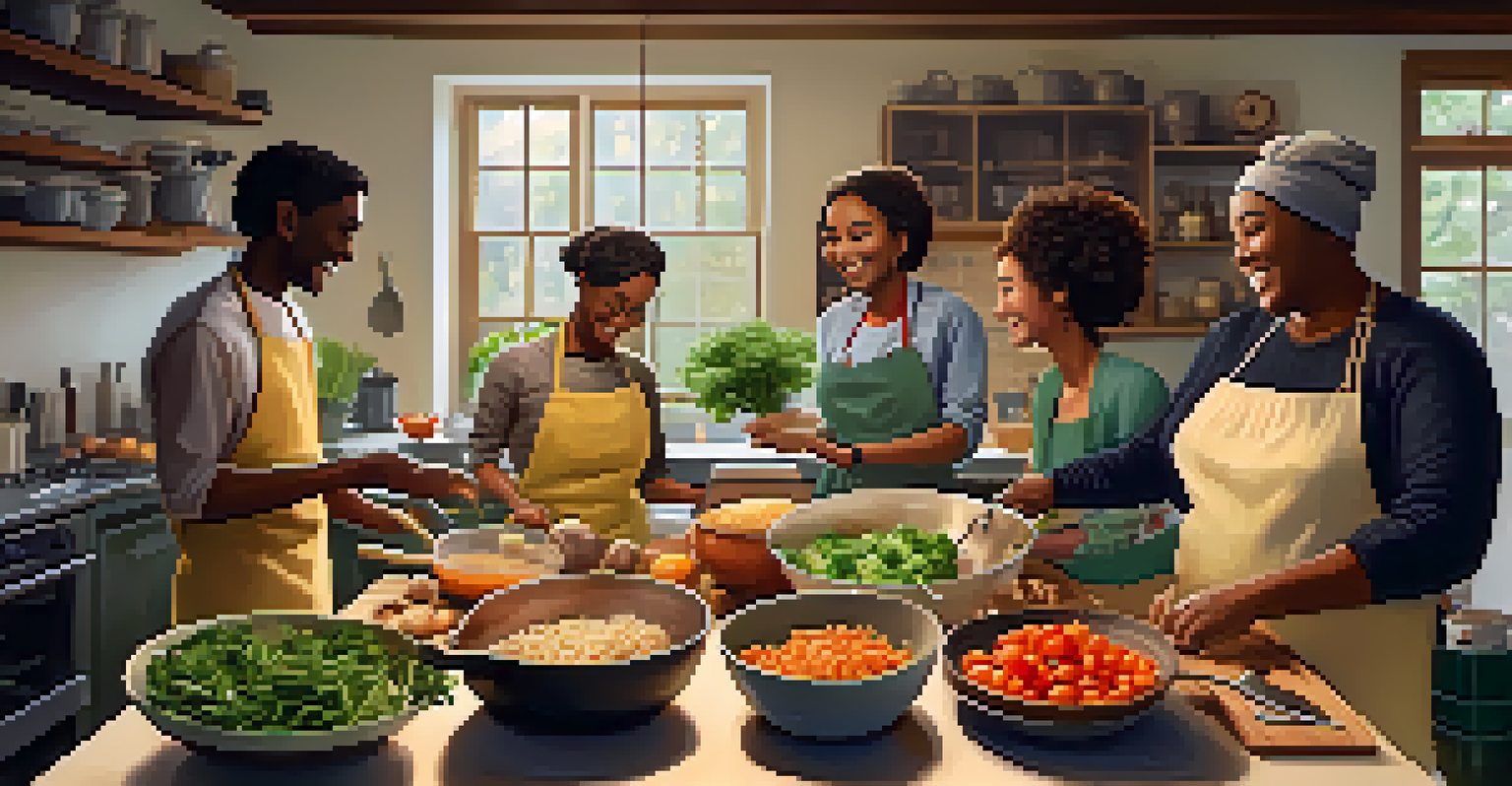 Diverse friends cooking together in a cozy kitchen, filled with fresh ingredients and a warm atmosphere.
