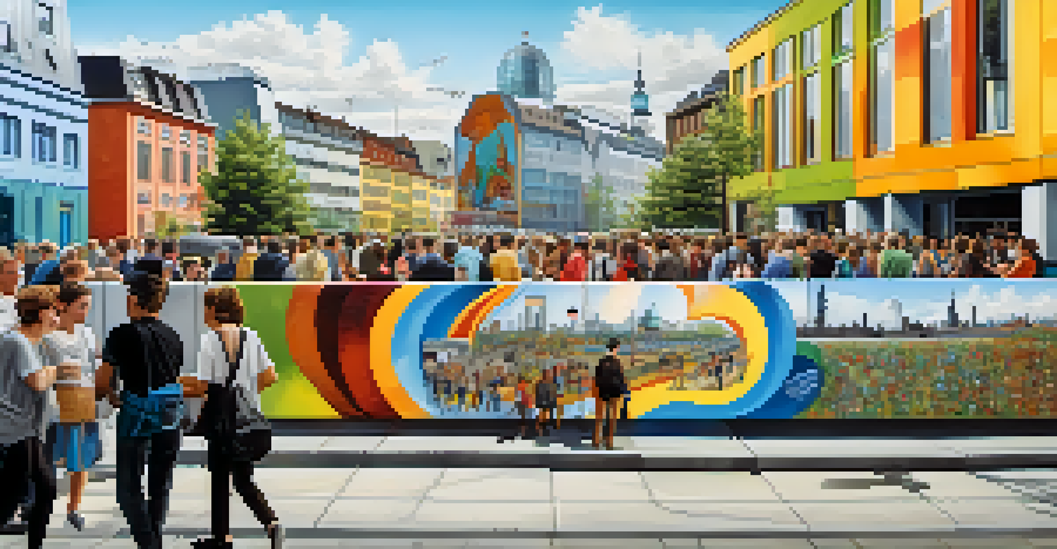 People engaging with colorful murals on the Berlin Wall in a lively street scene.