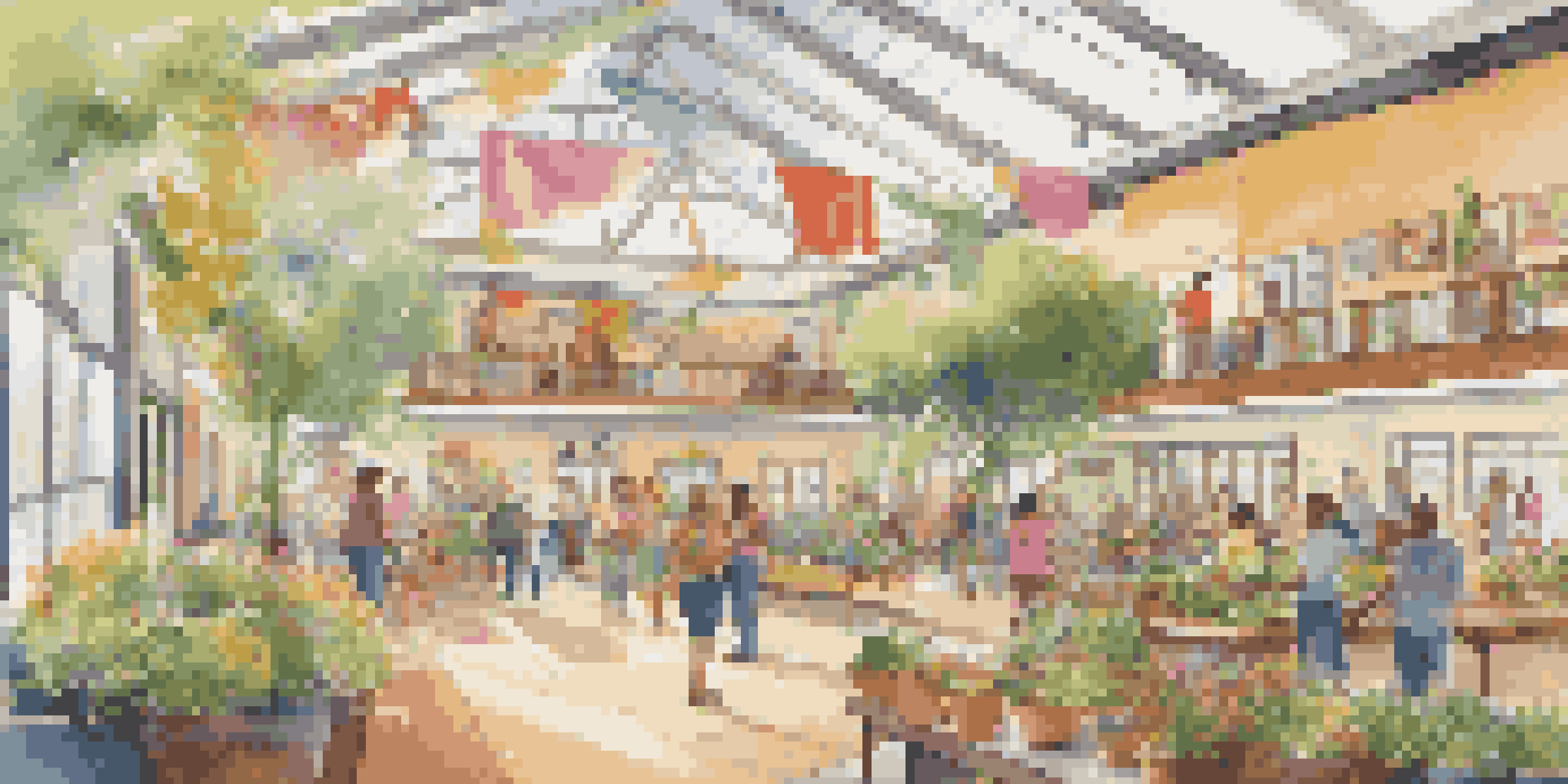 A busy community center filled with diverse local volunteers engaged in various activities, with colorful decorations and warm sunlight streaming in.