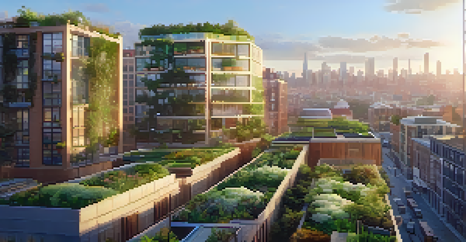 Aerial view of a city with green rooftops, vertical gardens, and solar panels, illuminated by warm golden hour light, representing sustainable urban living.
