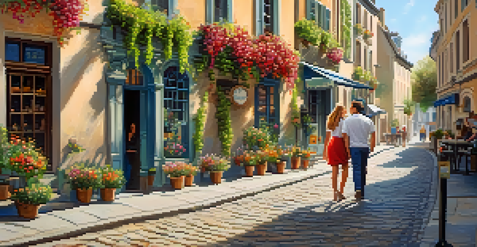 A couple enjoying gelato while walking down a picturesque European street filled with cafes and flowers.