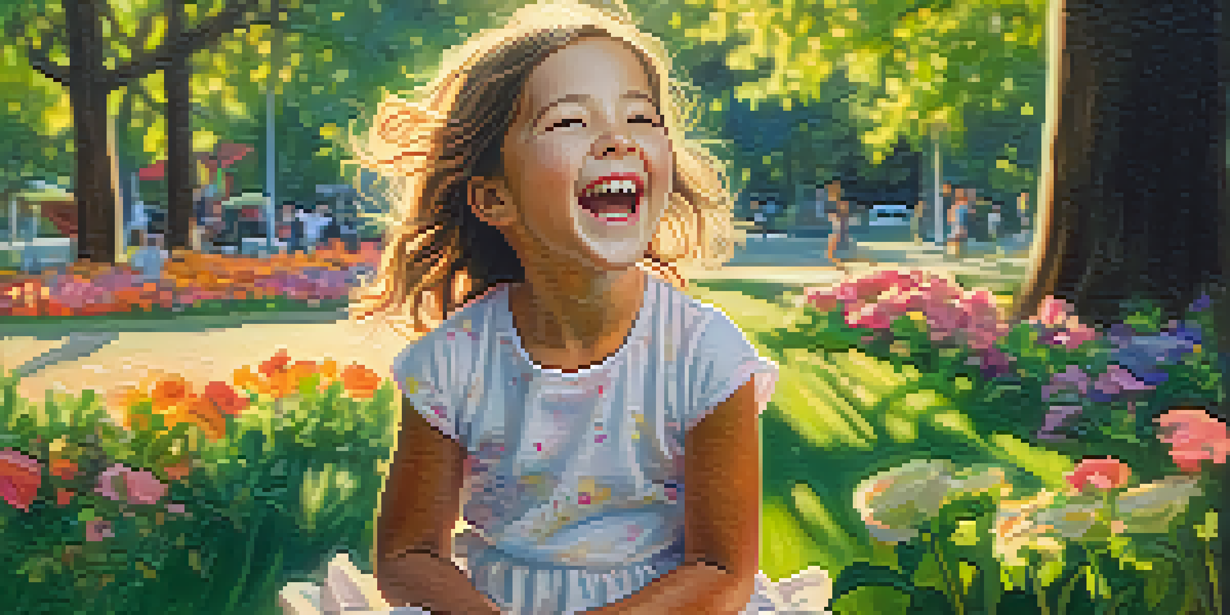 A joyful young girl playing in a park, surrounded by greenery and flowers, laughing in the soft sunlight.