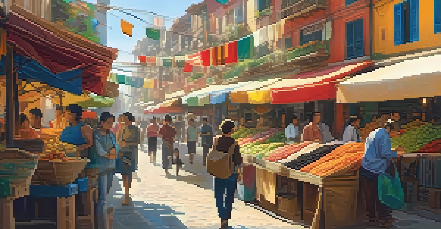 A traveler using a GPS device while exploring a colorful street market in a city.
