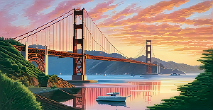 A panoramic view of the Golden Gate Bridge at sunset, surrounded by greenery and boats on the water.