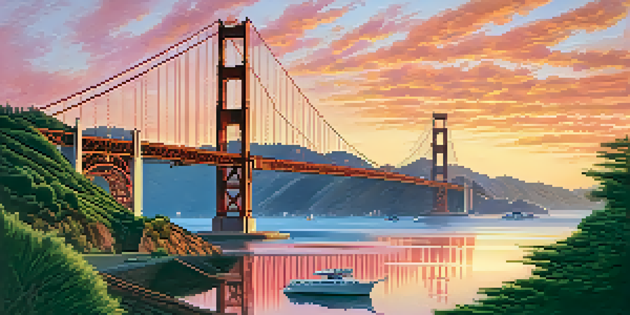 A panoramic view of the Golden Gate Bridge at sunset, surrounded by greenery and boats on the water.