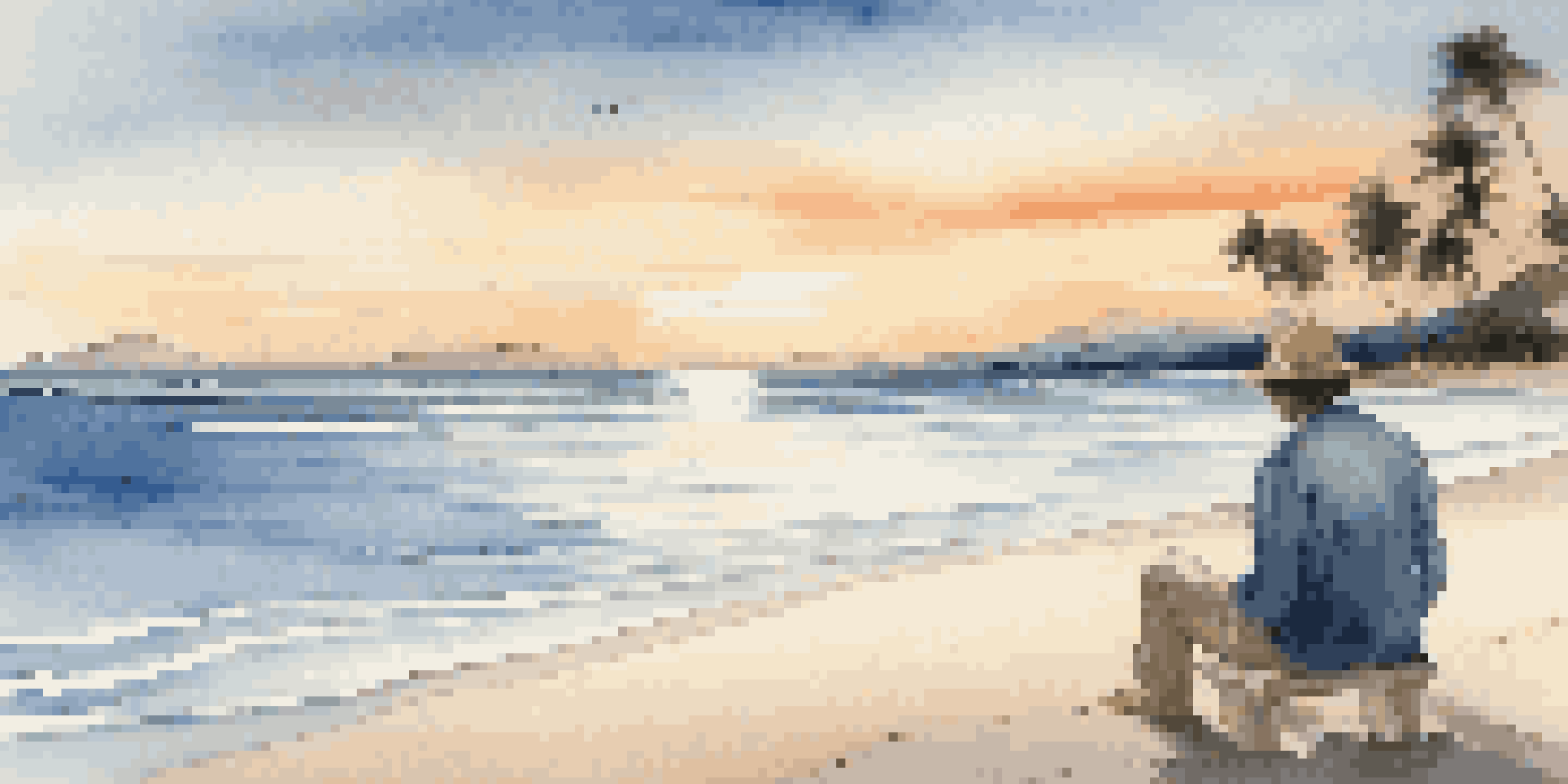 A tranquil beach at sunset with a traveler sitting on the sand, looking at the horizon, surrounded by palm trees and gentle waves.