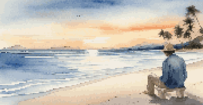 A tranquil beach at sunset with a traveler sitting on the sand, looking at the horizon, surrounded by palm trees and gentle waves.