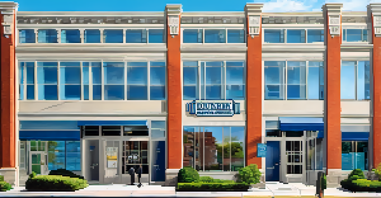 A sunny exterior view of the Dunder Mifflin Scranton Branch with fans taking selfies in front.