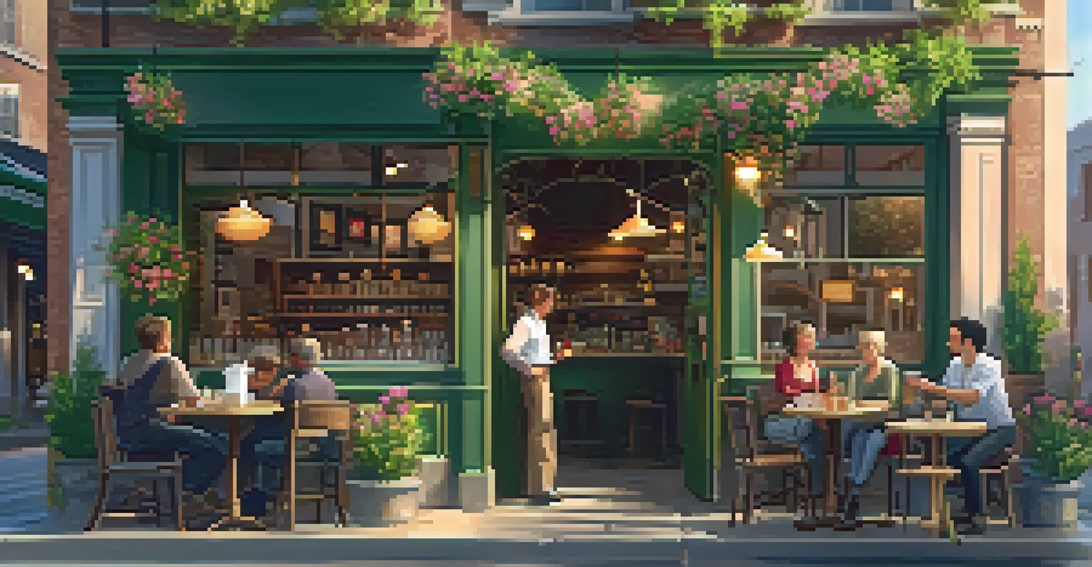 A charming local café with outdoor seating, patrons chatting, and a barista preparing drinks surrounded by flowers.