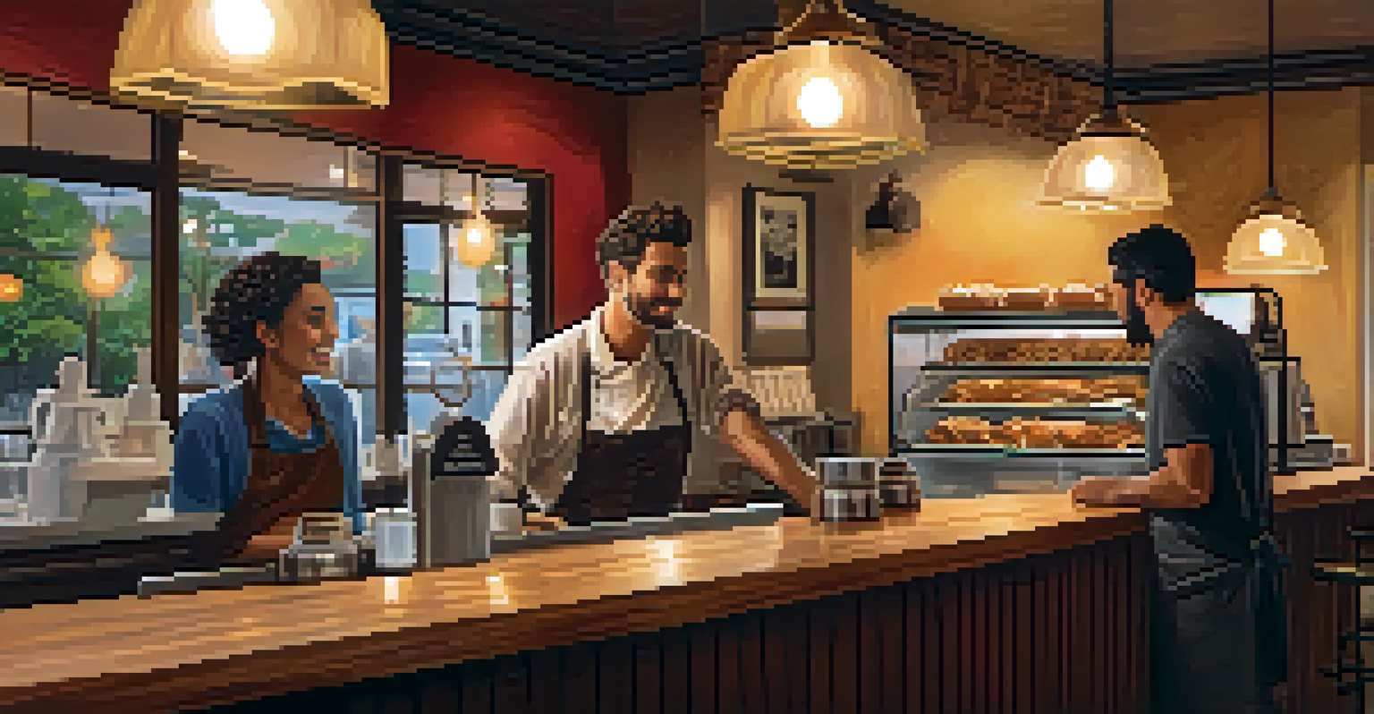 A warm and inviting coffee shop with patrons enjoying their time and a barista making coffee.