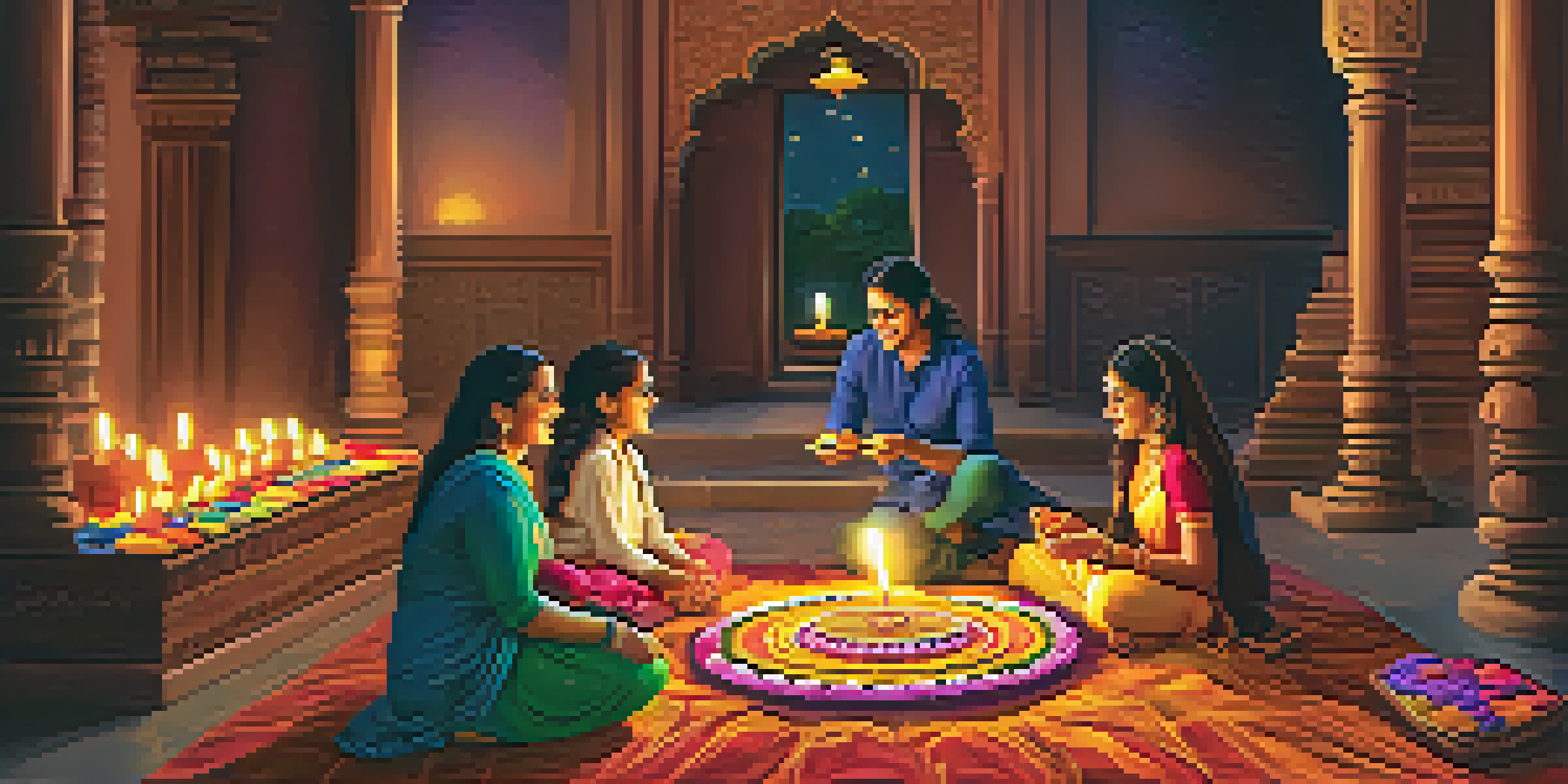 A family joyfully celebrating Diwali, surrounded by glowing oil lamps and colorful floor patterns, with fireworks in the night sky.