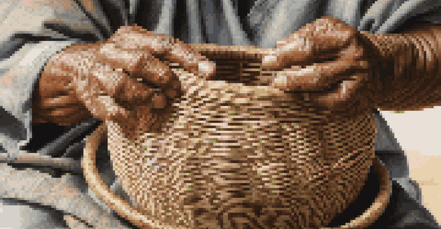 Close-up of an artisan's hands weaving a basket with intricate patterns.